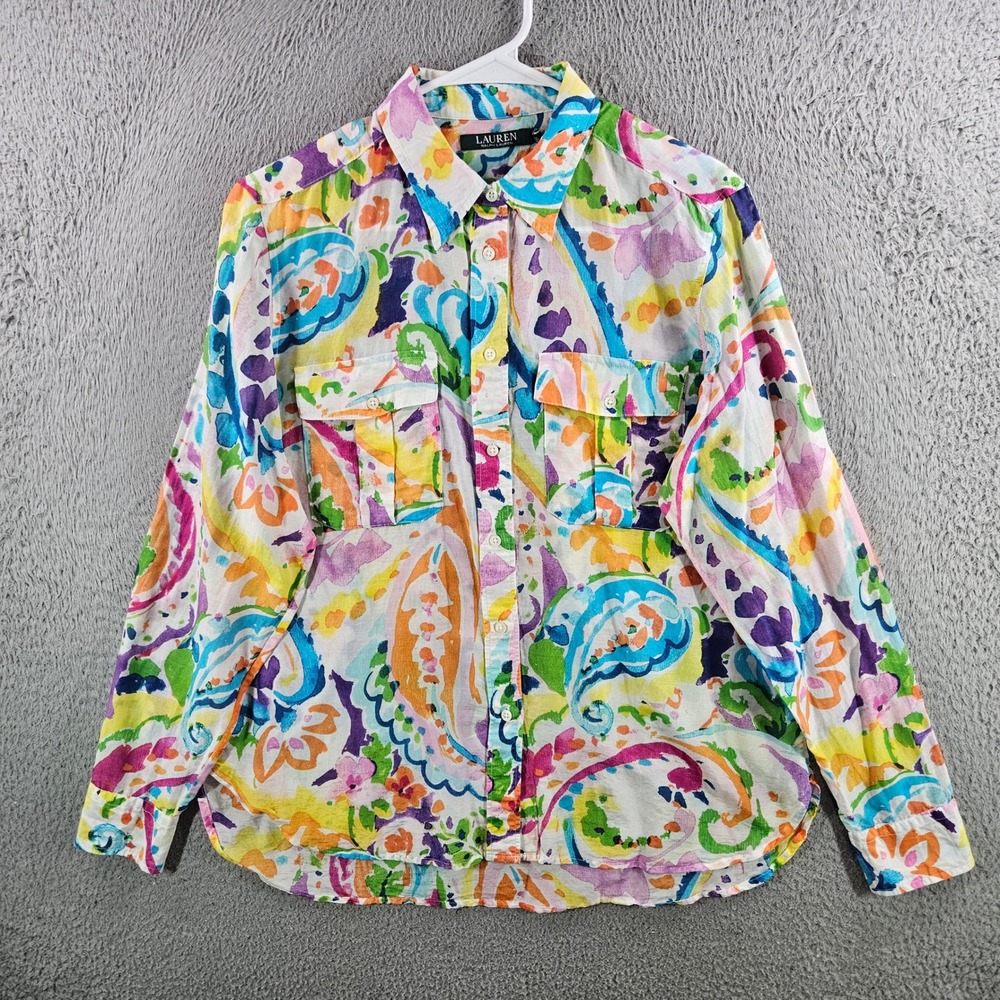 Lauren Ralph Lauren Womens Large Paisley Floral Watercolor Button Down Shirt L